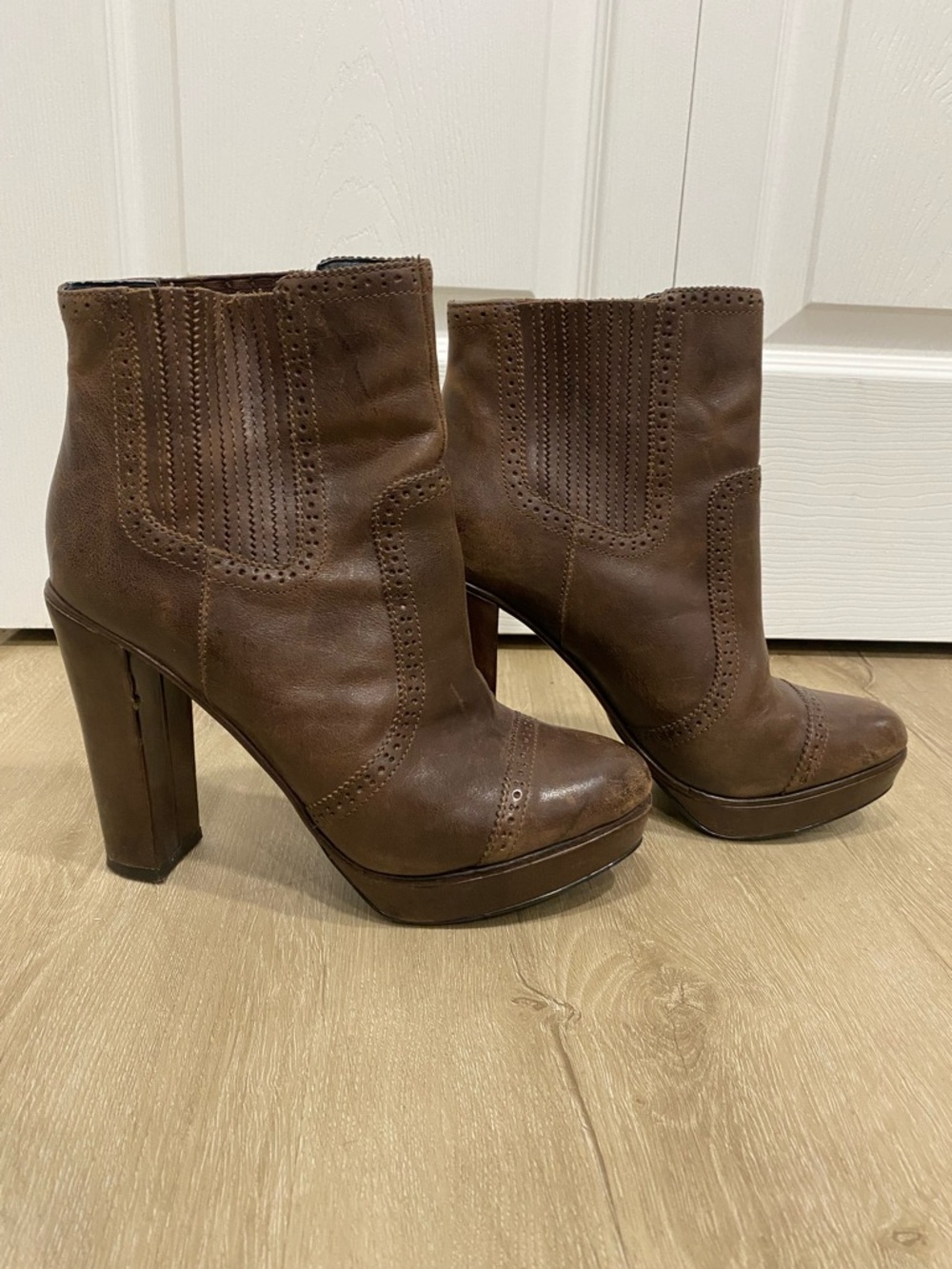 Trouve Brown Leather Platform Ankle Boots - High Block Heel